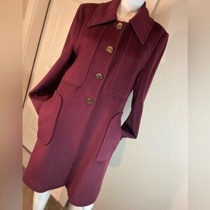 Tahari~Burgundy~Wool Blend~Button Down~Midi~Peacoat~Slant Side Pockets~Size 14